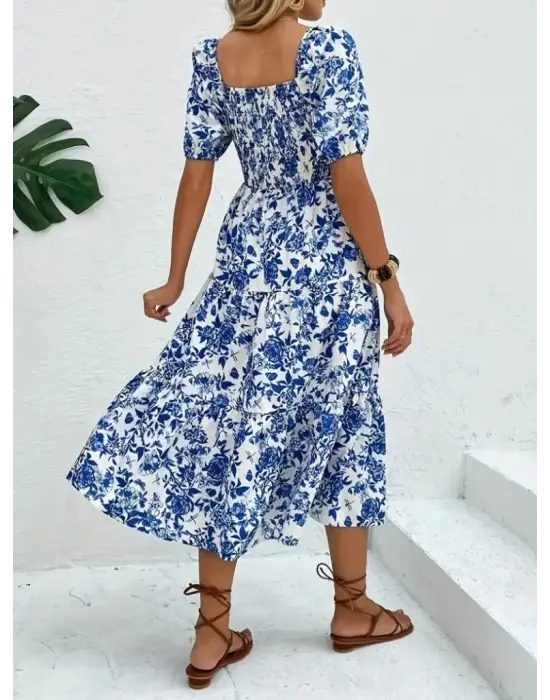 Omarı Desenli Kare Yakalı Kısa Kollu Elbise