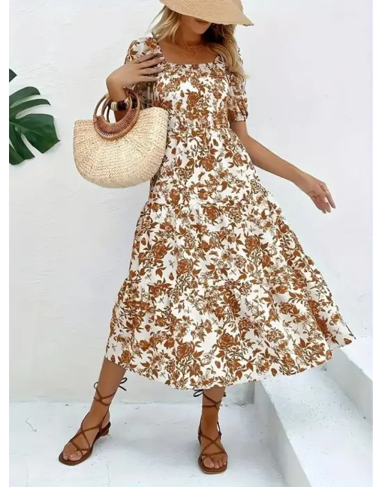 Kadın Kısa Kollu Kare Yakalı Lastikli Desenli Süprem Elbise