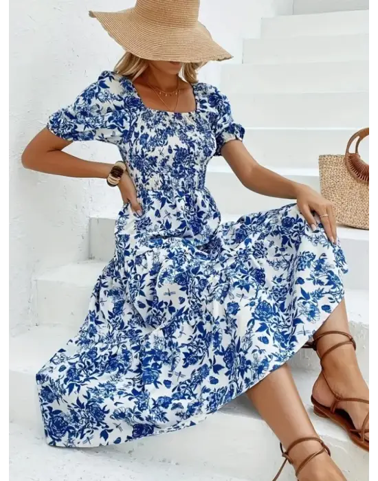 Omarı Desenli Kare Yakalı Kısa Kollu Elbise