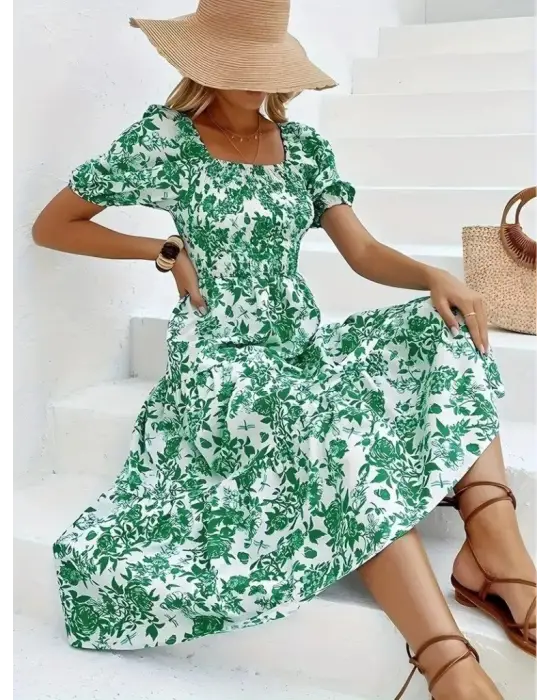 Omarı Desenli Kare Yakalı Kısa Kollu Elbise