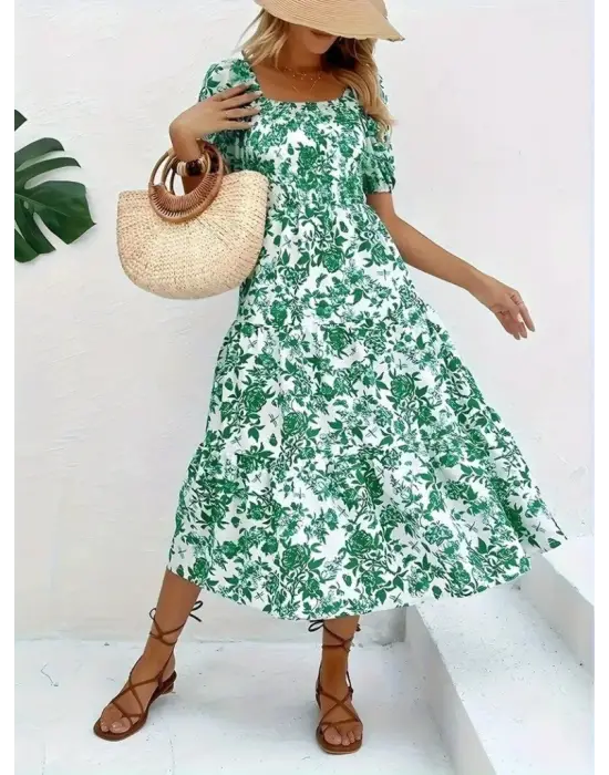 Kadın Kısa Kollu Kare Yakalı Lastikli Desenli Süprem Elbise