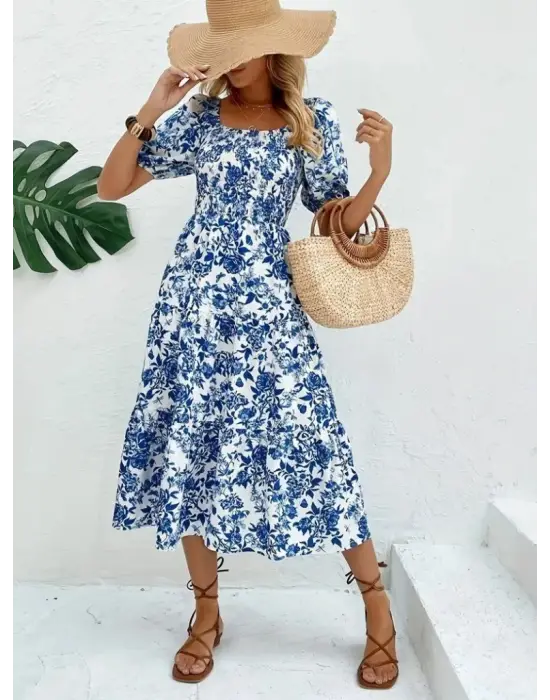 Kadın Kısa Kollu Kare Yakalı Lastikli Desenli Süprem Elbise