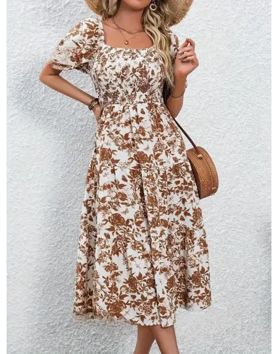 Omarı Desenli Kare Yakalı Kısa Kollu Elbise