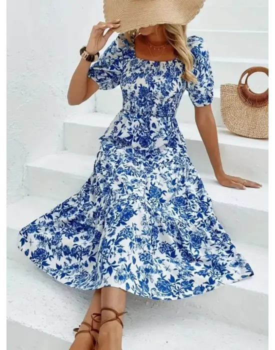 Kadın Kısa Kollu Kare Yakalı Lastikli Desenli Süprem Elbise