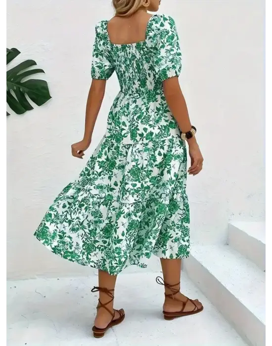 Omarı Desenli Kare Yakalı Kısa Kollu Elbise