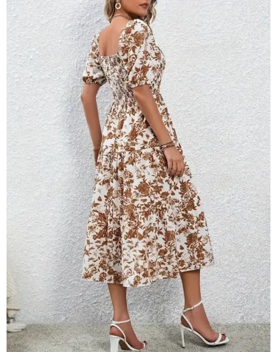 Omarı Desenli Kare Yakalı Kısa Kollu Elbise