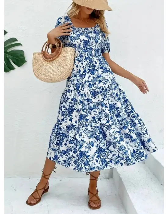 Kadın Kısa Kollu Kare Yakalı Lastikli Desenli Süprem Elbise