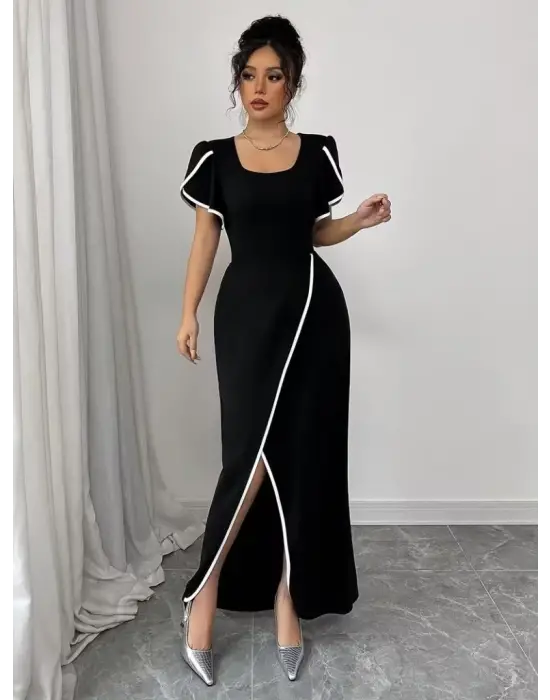 Kadın Kısa Kollu Kare Yakalı önden çapraz Kesim Detaylı Krep Elbise