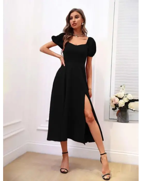 Kadın Kısa Kollu Kare Yakalı Yırtmaçlı Midi Janjan Krep Elbise