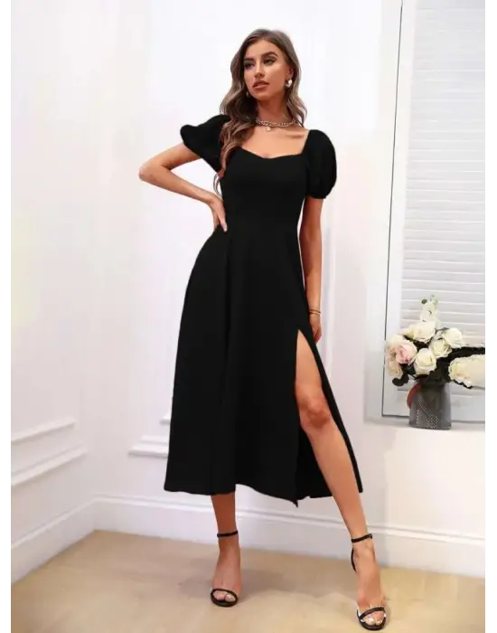 Kadın Kısa Kollu Kare Yakalı Yırtmaçlı Midi Janjan Krep Elbise