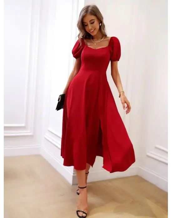 Kadın Kısa Kollu Kare Yakalı Yırtmaçlı Midi Janjan Krep Elbise