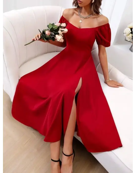 Kadın Kısa Kollu Kare Yakalı Yırtmaçlı Midi Janjan Krep Elbise