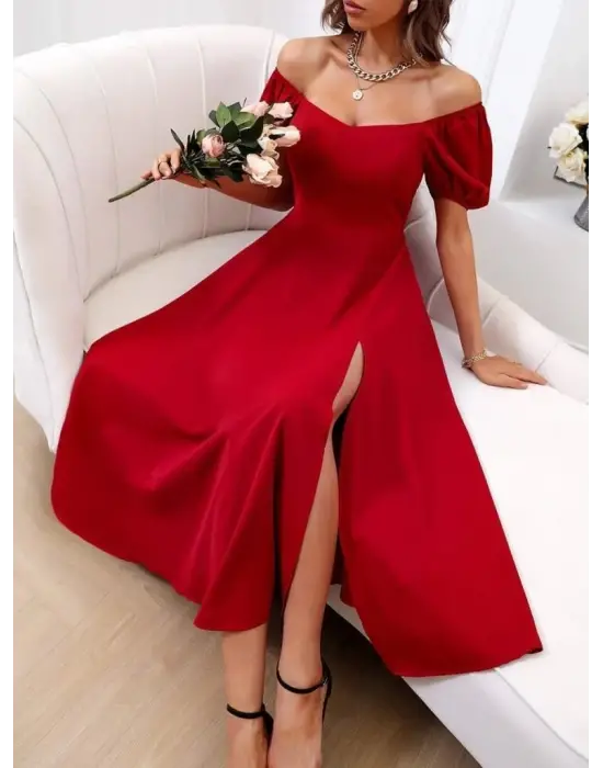 Omarı Kare Yakalı Yırtmaçlı Midi Elbise