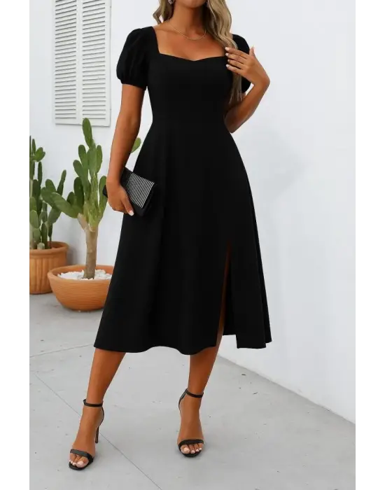 Kadın Kısa Kollu Kare Yakalı Yırtmaçlı Midi Janjan Krep Elbise