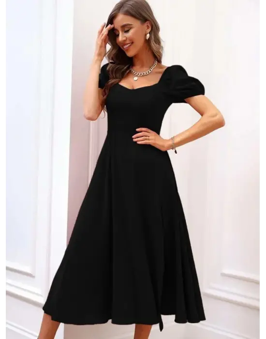 Kadın Kısa Kollu Kare Yakalı Yırtmaçlı Midi Janjan Krep Elbise