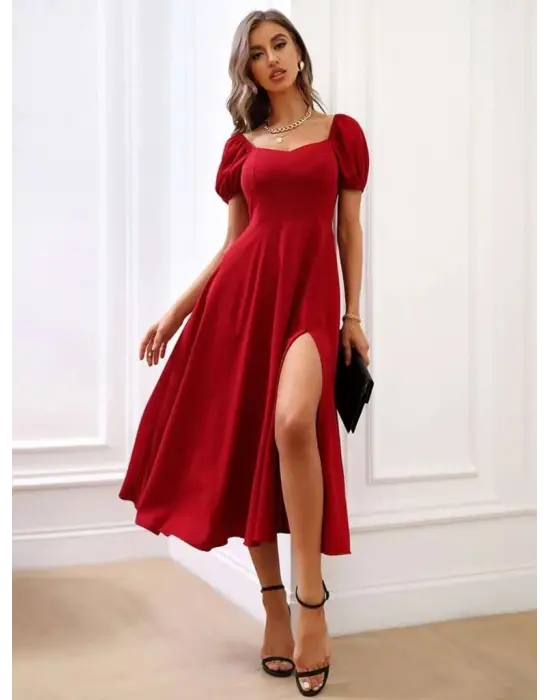 Omarı Kare Yakalı Yırtmaçlı Midi Elbise