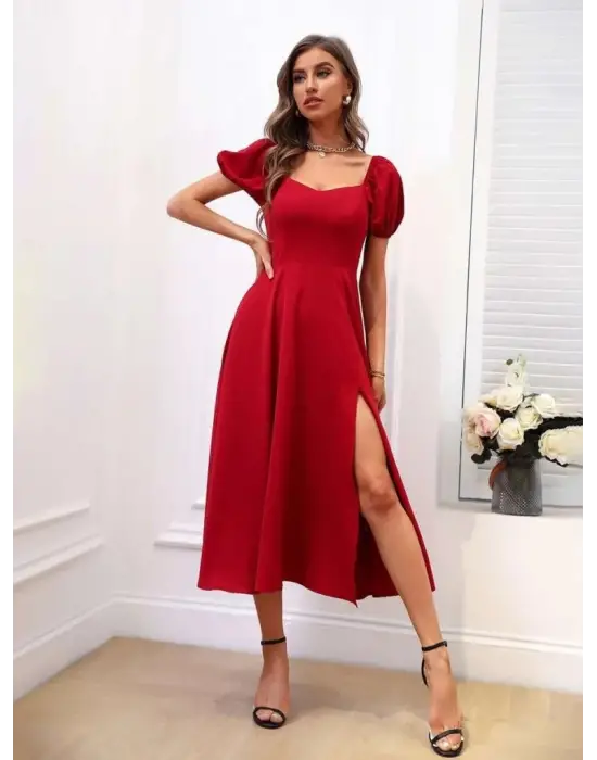 Kadın Kısa Kollu Kare Yakalı Yırtmaçlı Midi Janjan Krep Elbise