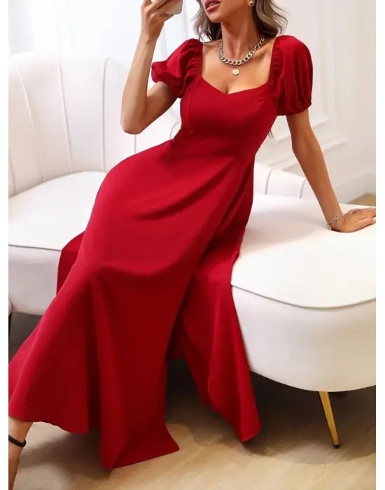 Omarı Kare Yakalı Yırtmaçlı Midi Elbise