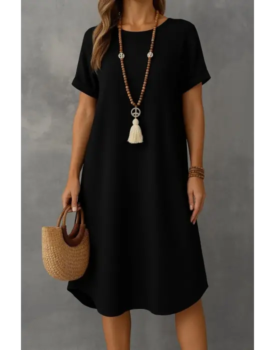 Kadın Kısa Kollu Kayık Yaka Bürümcük Elbise