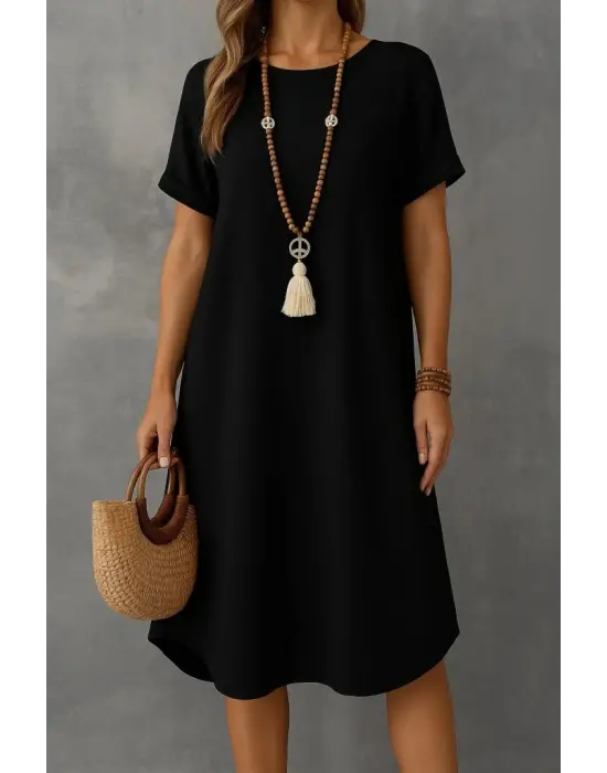 Kadın Kısa Kollu Kayık Yaka Bürümcük Elbise