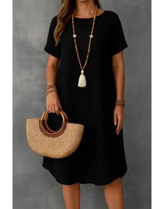 Kadın Kısa Kollu Kayık Yaka Bürümcük Elbise