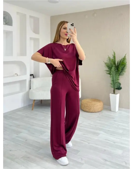 Kadın Kısa Kollu Kayık Yakalı Dikiş Izi Detaylı Viskon Iki Iplik Bluz Ve Pantolon Ikili Takım