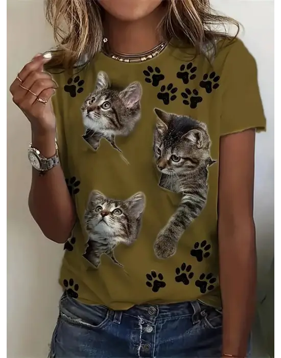 Kadın Kısa Kollu Kedi Ve Pati Baskılı Süprem T-shirt