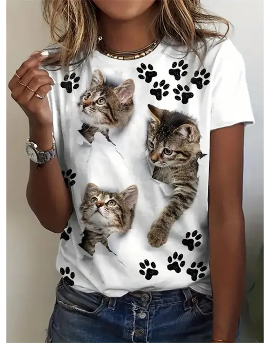 Kadın Kısa Kollu Kedi Ve Pati Baskılı Süprem T-shirt