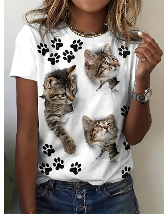 Kadın Kısa Kollu Kedi Ve Pati Baskılı Süprem T-shirt