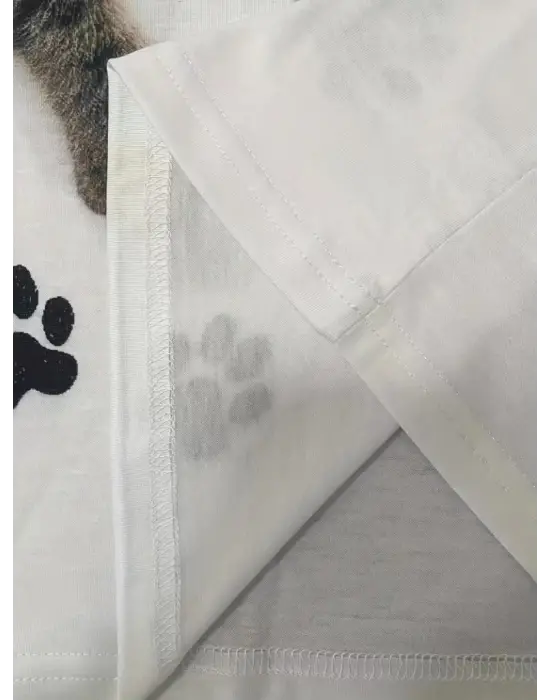 Kadın Kısa Kollu Kedi Ve Pati Baskılı Süprem T-shirt