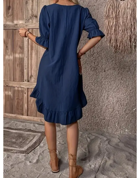 Kadın Kısa Kollu Kol Ve Eteği Volanlı Bisiklet Yaka Aerobin Elbise