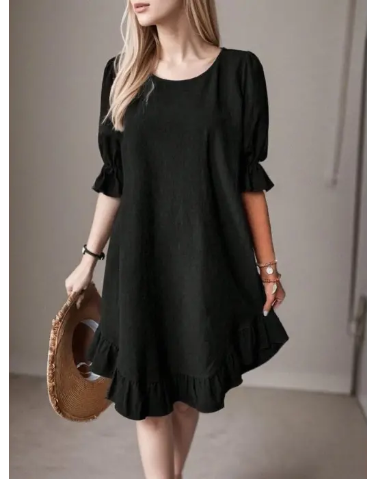 Omarı Şık ve Hareketli Kadın Etekli Volanlı Elbise