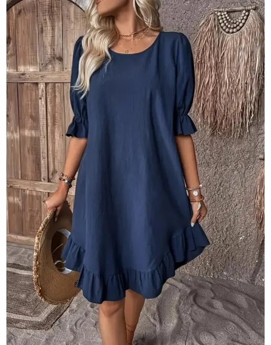 Kadın Kısa Kollu Kol Ve Eteği Volanlı Bisiklet Yaka Aerobin Elbise