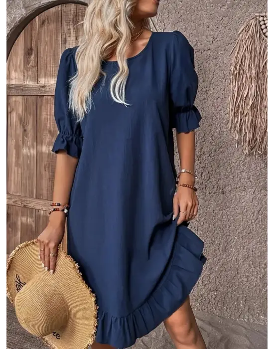 Kadın Kısa Kollu Kol Ve Eteği Volanlı Bisiklet Yaka Aerobin Elbise