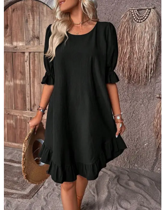 Kadın Kısa Kollu Kol Ve Eteği Volanlı Bisiklet Yaka Aerobin Elbise