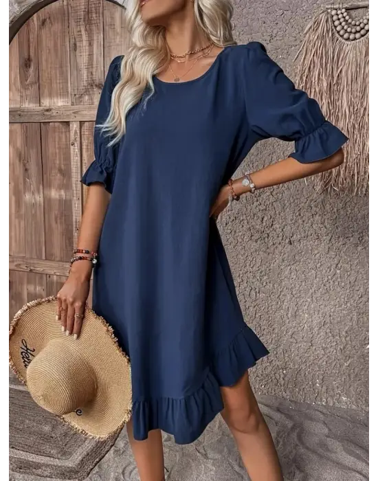 Kadın Kısa Kollu Kol Ve Eteği Volanlı Bisiklet Yaka Aerobin Elbise