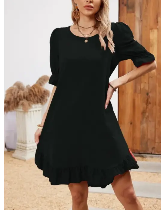 Kadın Kısa Kollu Kol Ve Eteği Volanlı Bisiklet Yaka Aerobin Elbise