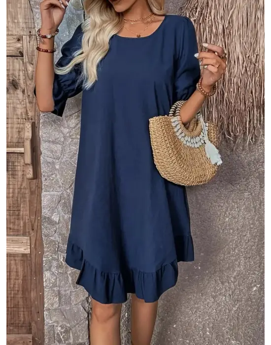 Kadın Kısa Kollu Kol Ve Eteği Volanlı Bisiklet Yaka Aerobin Elbise