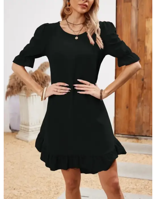 Omarı Şık ve Hareketli Kadın Etekli Volanlı Elbise