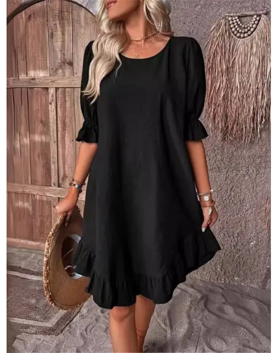 Omarı Şık ve Hareketli Kadın Etekli Volanlı Elbise