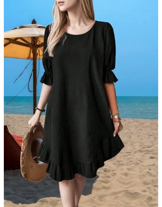 Omarı Şık ve Hareketli Kadın Etekli Volanlı Elbise