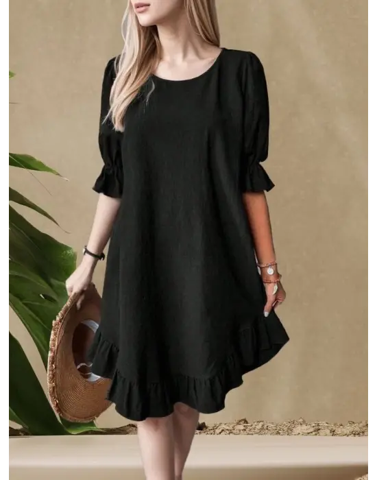 Omarı Şık ve Hareketli Kadın Etekli Volanlı Elbise