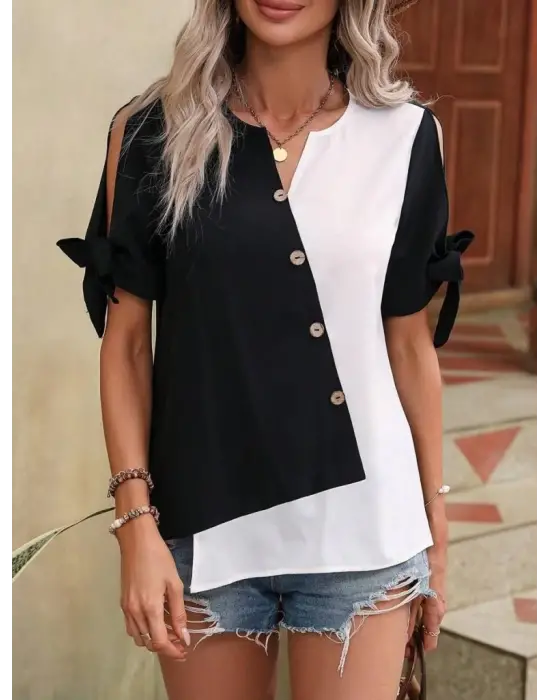 Omarı Asimetrik Kesim Detaylı Kadın Kısa Kollu Bluz