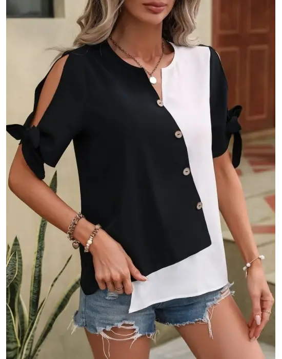 Kadın Kısa Kollu Kollardan Bağlamalı önden Asimetrik Kesim çift Renk Detaylı Düğmeli Ithal Krep Bluz