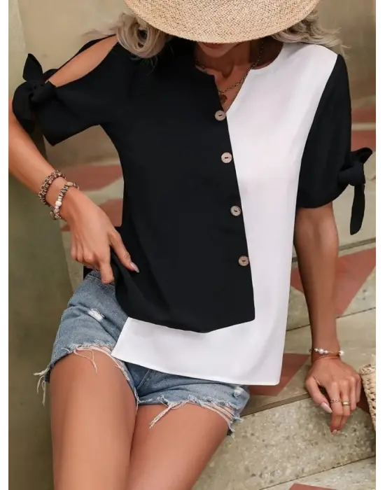 Kadın Kısa Kollu Kollardan Bağlamalı önden Asimetrik Kesim çift Renk Detaylı Düğmeli Ithal Krep Bluz