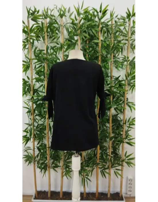 Kadın Kısa Kollu Kollardan Bağlamalı önden Asimetrik Kesim çift Renk Detaylı Düğmeli Ithal Krep Bluz