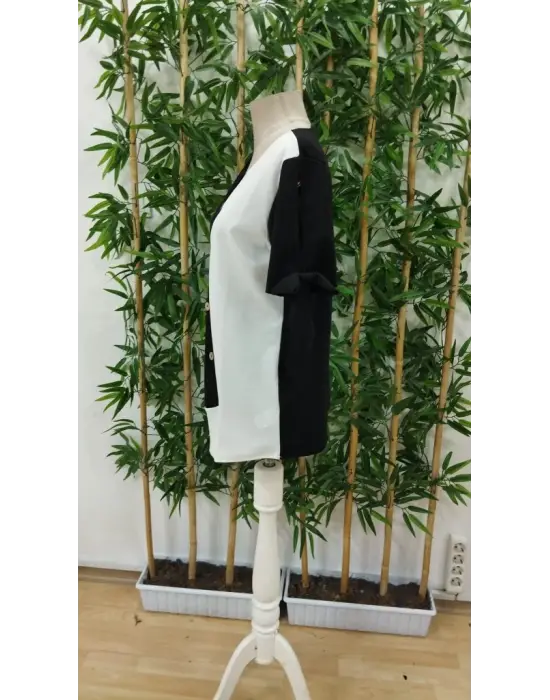 Kadın Kısa Kollu Kollardan Bağlamalı önden Asimetrik Kesim çift Renk Detaylı Düğmeli Ithal Krep Bluz