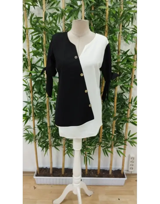 Kadın Kısa Kollu Kollardan Bağlamalı önden Asimetrik Kesim çift Renk Detaylı Düğmeli Ithal Krep Bluz