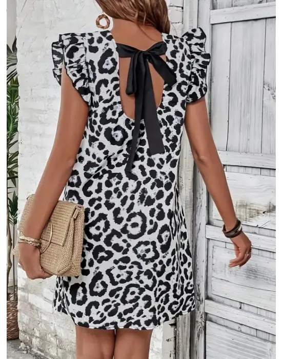 Kadın Kısa Kollu Kolları Fırfır Detay Arkası Bağlamalı Leopar Desen Kolsuz Mini Mikro Elbise