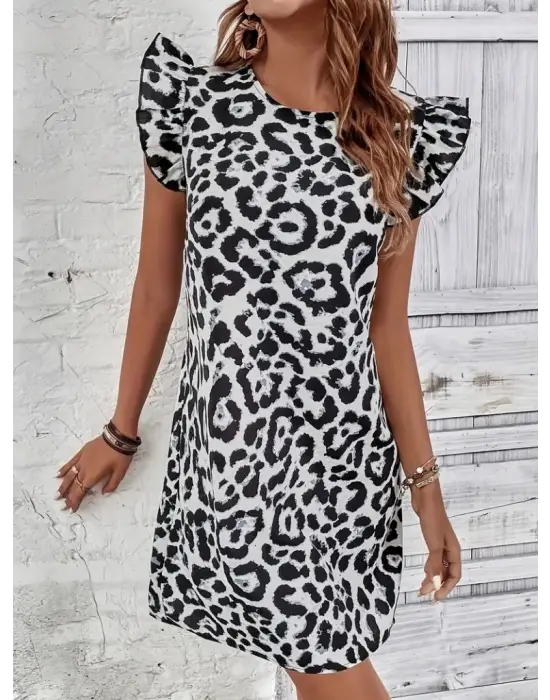 Kadın Kısa Kollu Kolları Fırfır Detay Arkası Bağlamalı Leopar Desen Kolsuz Mini Mikro Elbise